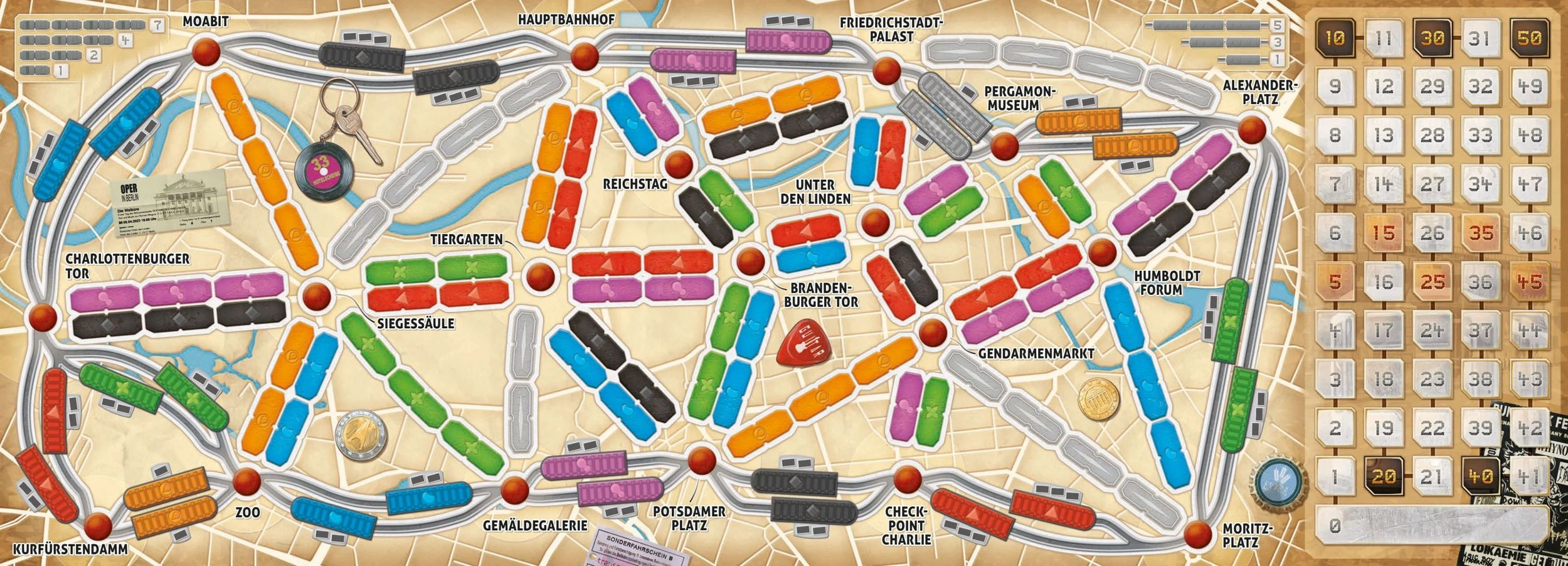 Un juego de mesa temático de Berlín con rutas de tren coloridas, nombres de lugares y un marcador.