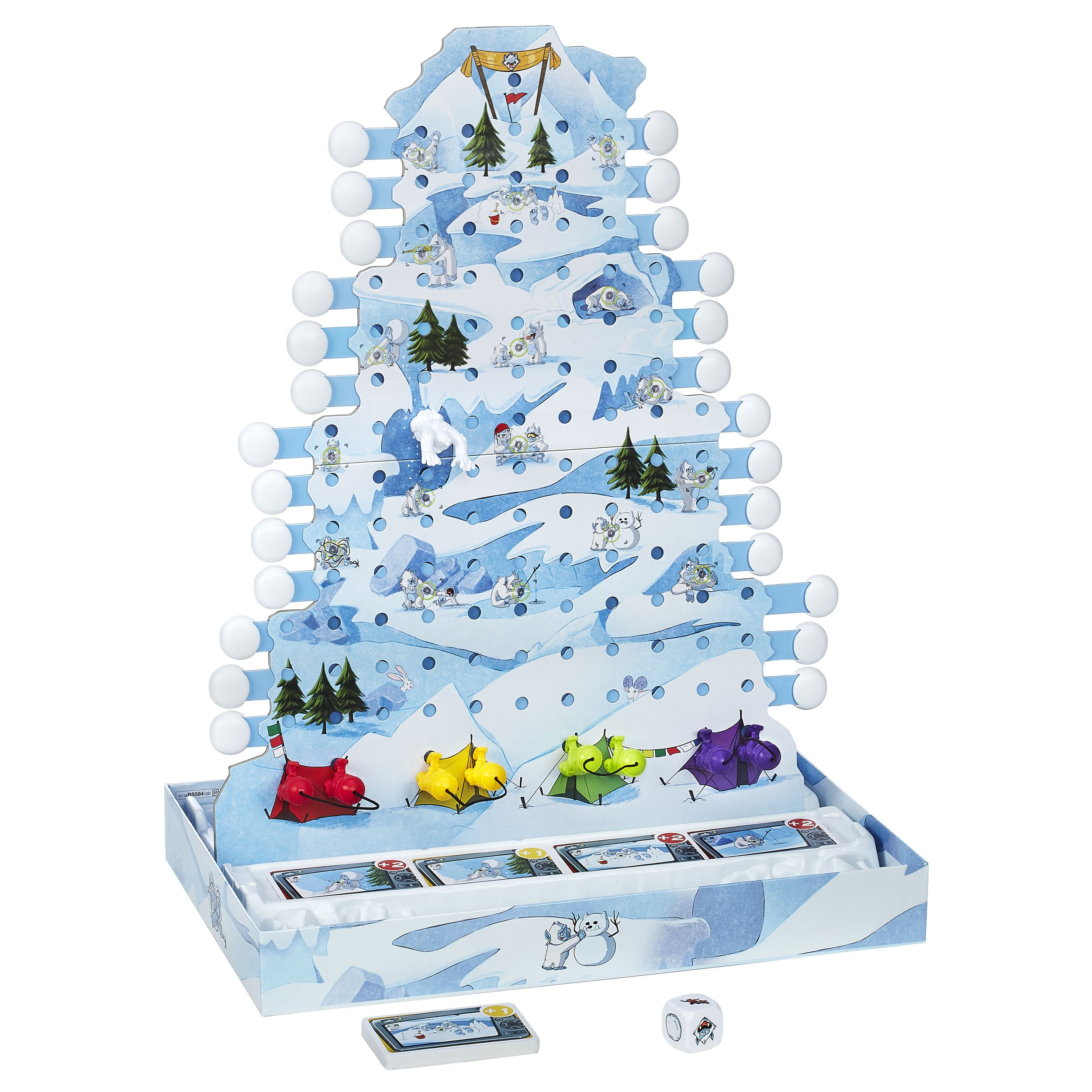 Ein winterliches Brettspiel mit einer verschneiten Bergwand, bunten Zelten, Karten und einem Würfel.