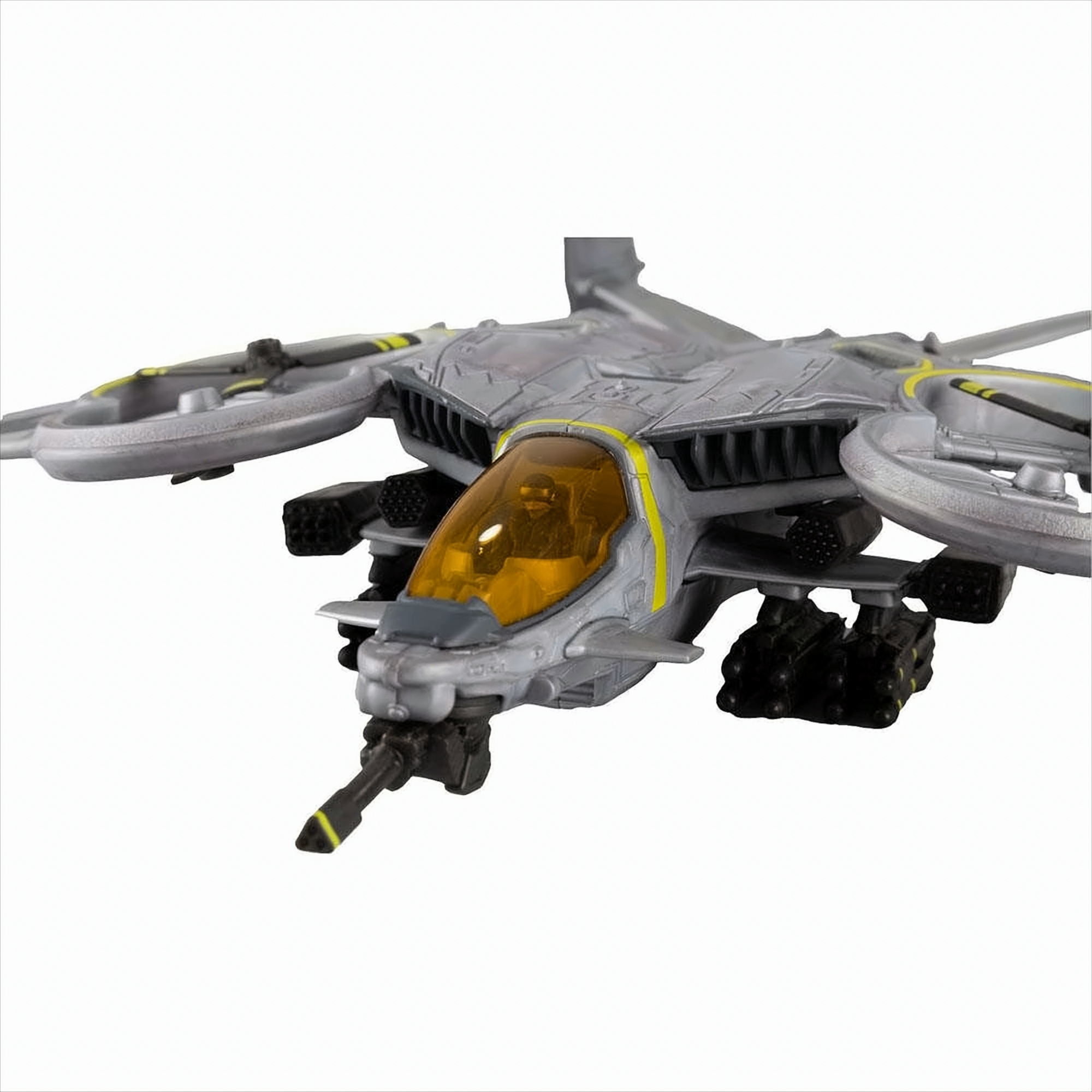 Graues Spielzeug-Militärflugzeug mit orangefarbenem Cockpit und Waffen auf weißem Hintergrund.