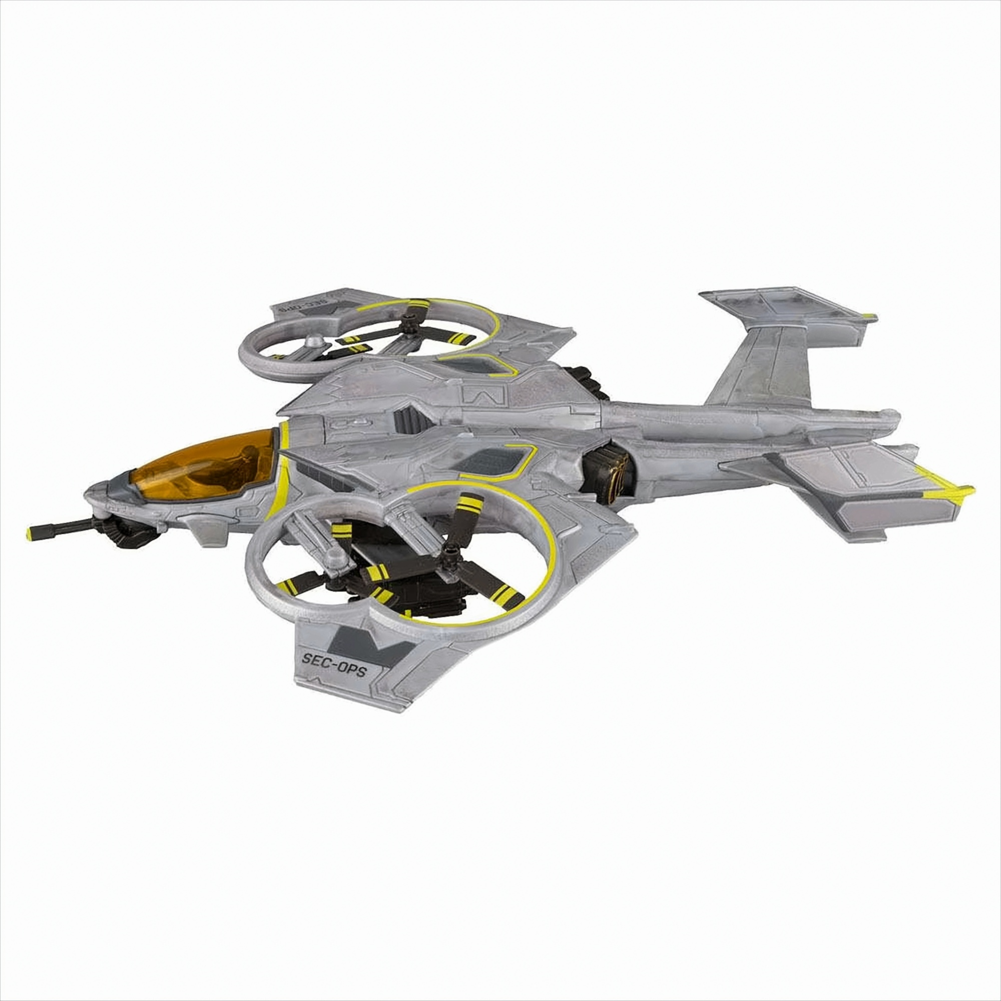 Ein futuristisches graues Spielzeugflugzeug mit orangem Cockpit und Propellern in runden Ringen vor weißem Hintergrund.