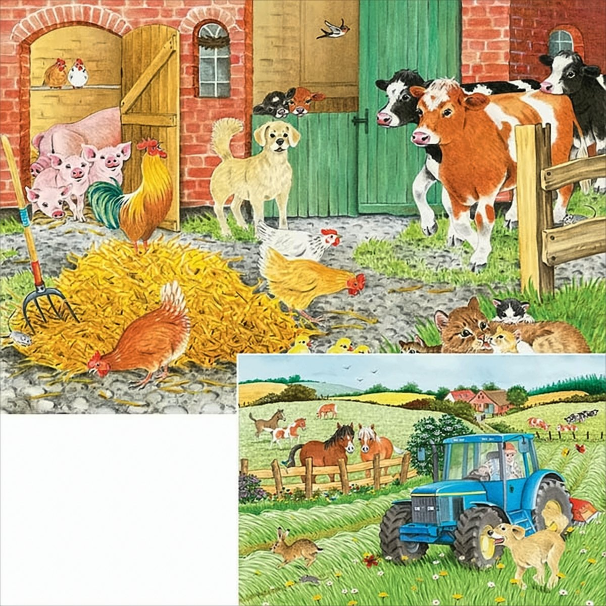 Ein geschäftiger Bauernhof mit Tieren wie Kühen, Schweinen und Hühnern sowie einem blauen Traktor.