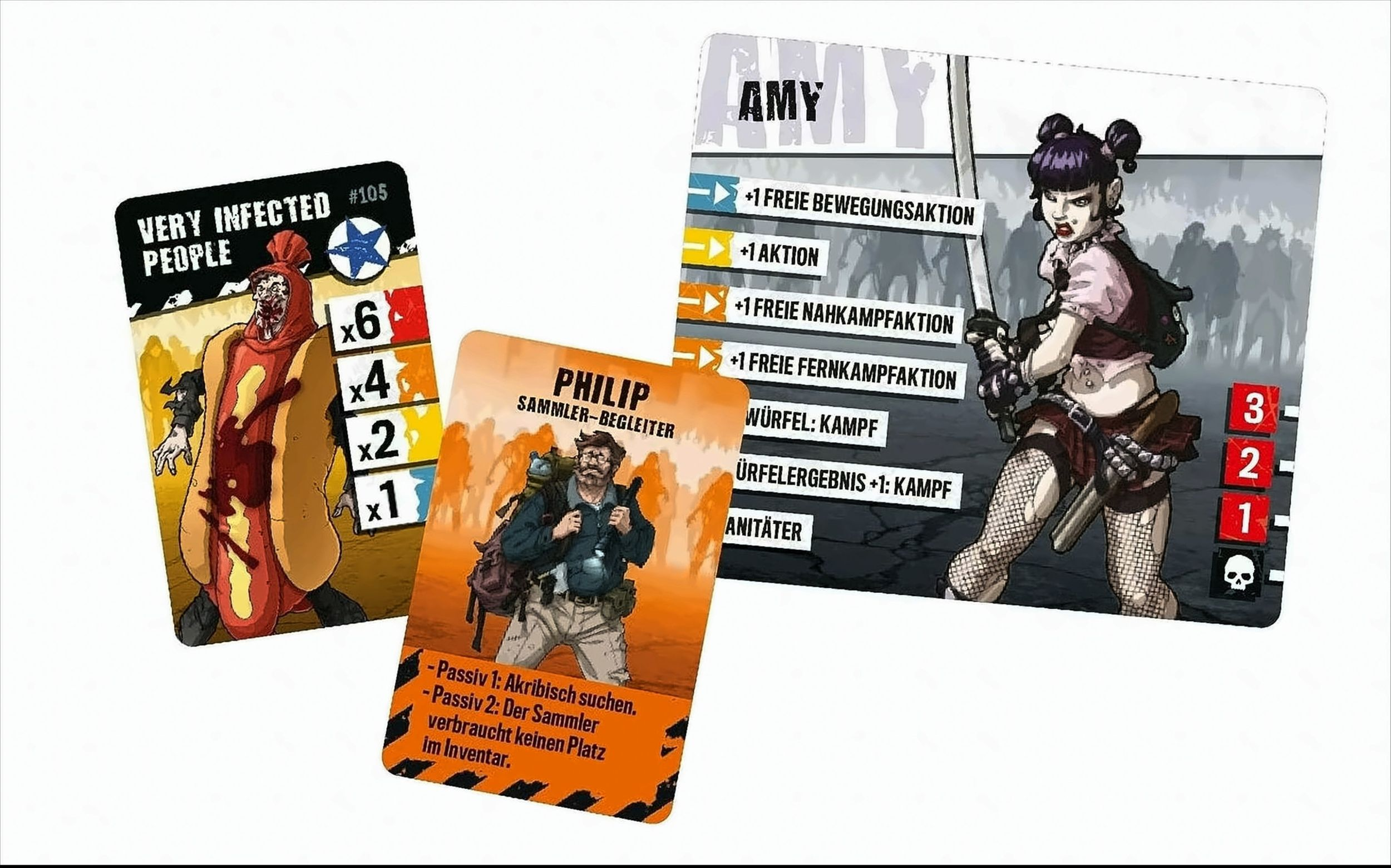 Drei Brettspielkarten mit Charakteren, darunter Amy mit Schwert, Philip und ein blutiger Zombie im Hotdog-Kostüm.