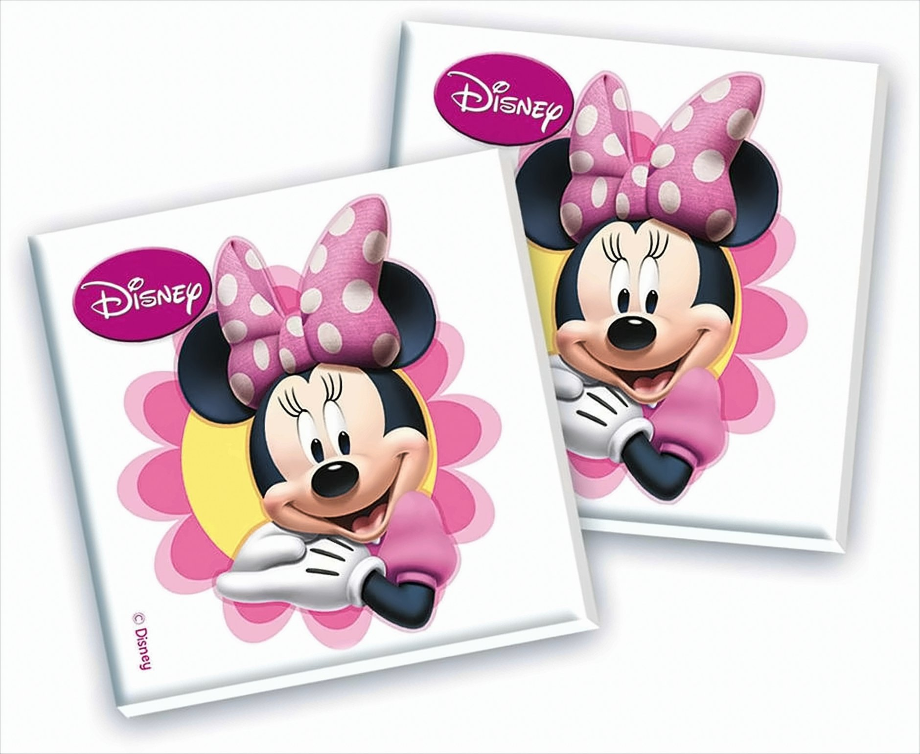 Zwei quadratische Kacheln mit Minnie Mouse und dem Disney-Logo auf weißem Hintergrund.