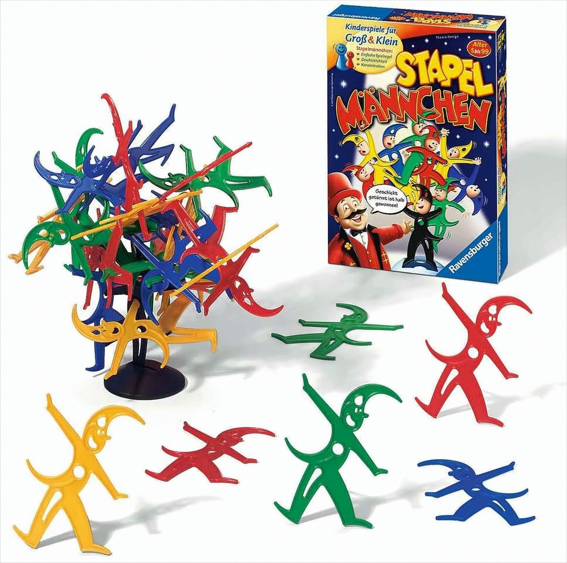 Stapelspiel mit bunten Figuren und der Ravensburger Box.