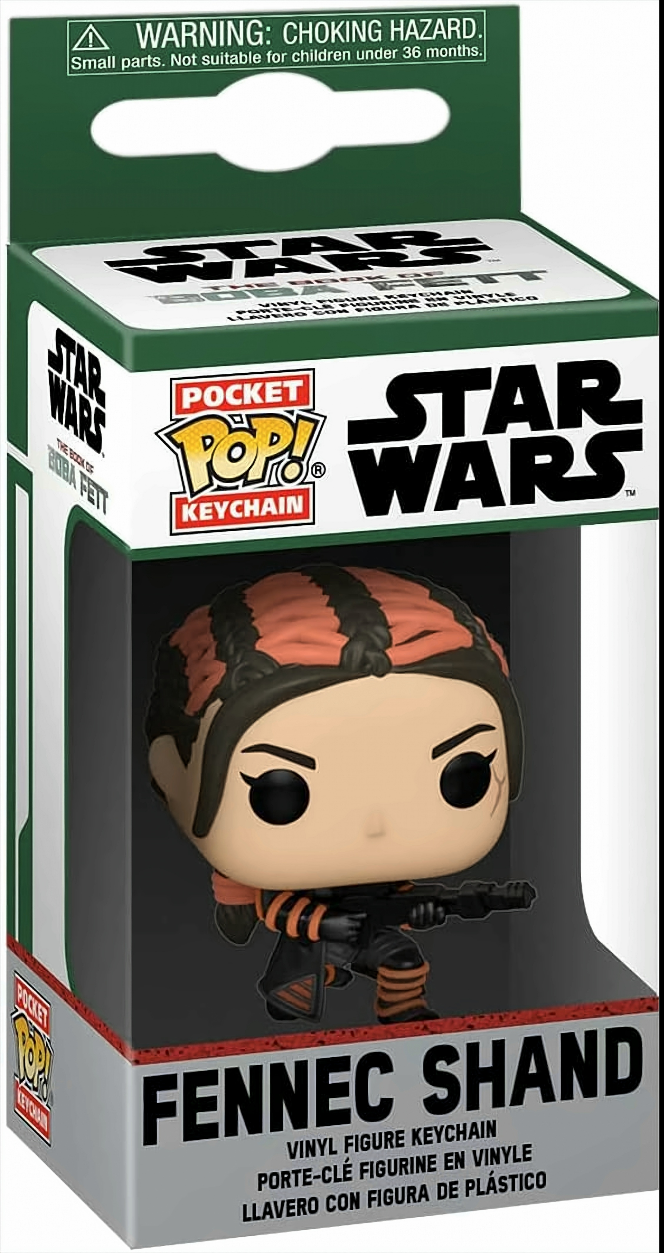 Llavero Star Wars Fennec Shand Pop! en su caja verde y blanca.