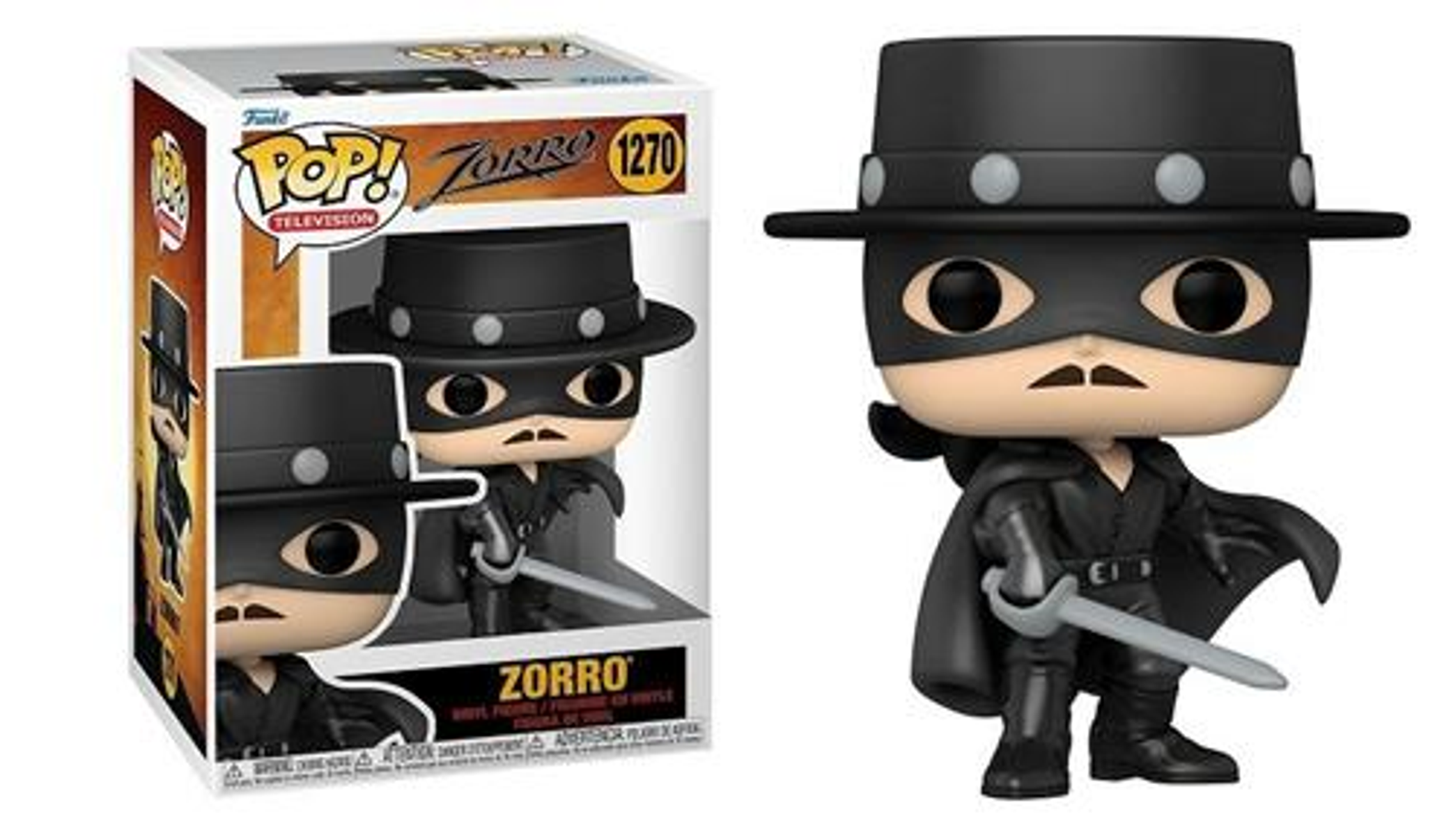 Figura de vinilo Funko Pop de Zorro con sombrero, máscara, capa y espada junto a su caja.