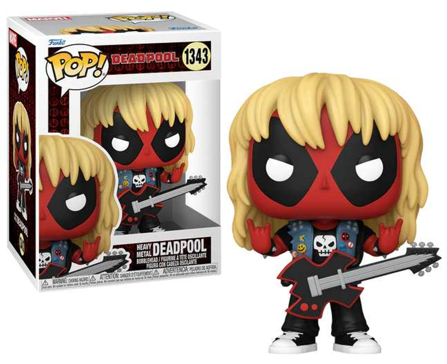 Figura Funko Pop di Heavy Metal Deadpool con capelli biondi e una chitarra, accanto alla sua scatola.