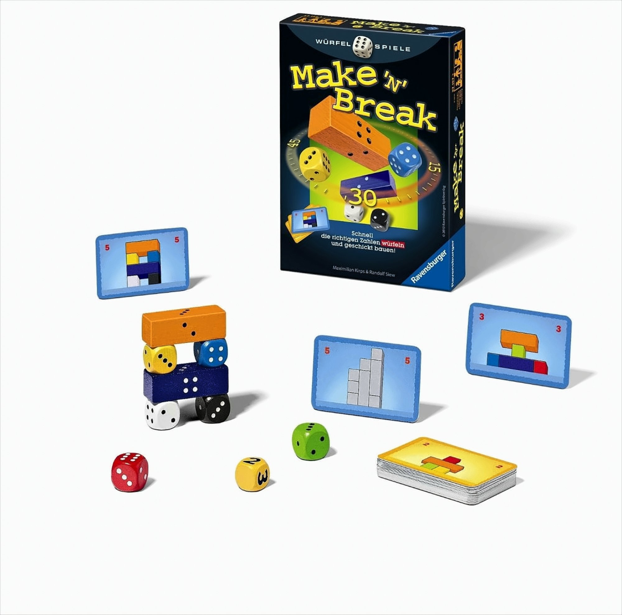 Make 'n' Break Brettspiel mit bunten Holzklötzen, Würfeln und Spielkarten.