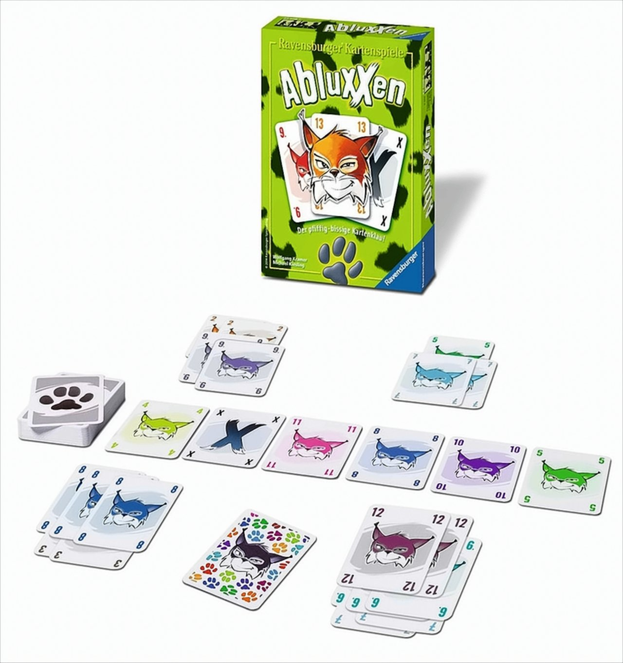 Kartenspiel Abluxxen mit grünem Karton, aufgereihten farbigen Karten und Tiermotiven auf weißem Untergrund.