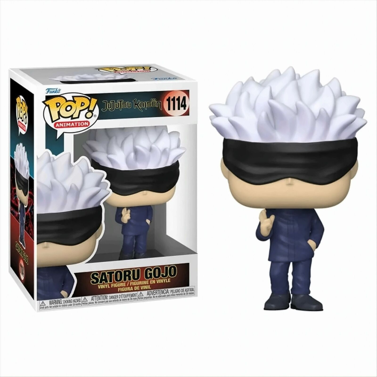 Figura de vinilo Funko Pop de Satoru Gojo con pelo blanco y venda negra, de pie junto a su caja de presentación.