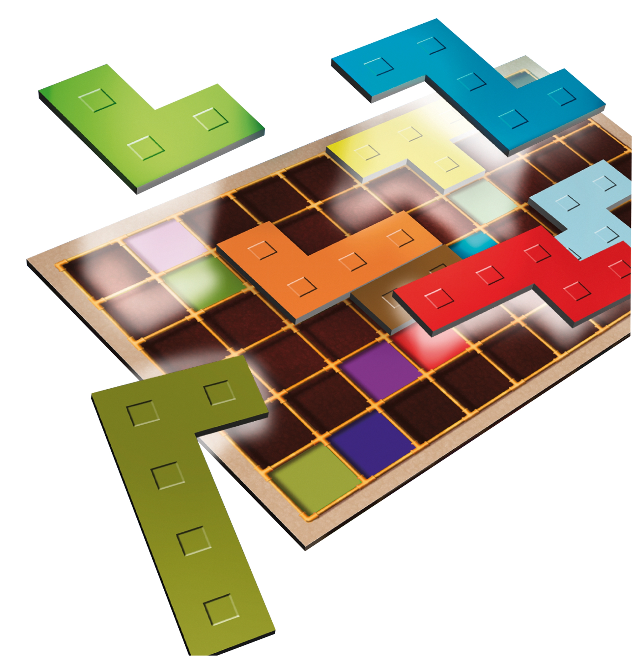 Buntes Brettspiel mit geformten farbigen Spielsteinen, die auf einem Gitterraster platziert werden.
