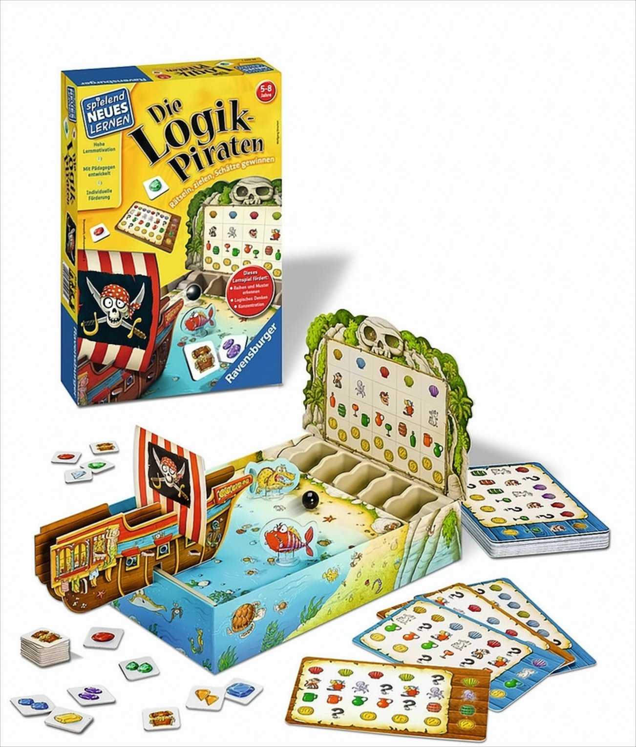 Ravensburger Brettspiel Die Logik-Piraten mit Box, Spielbrett, Karten und Figuren.