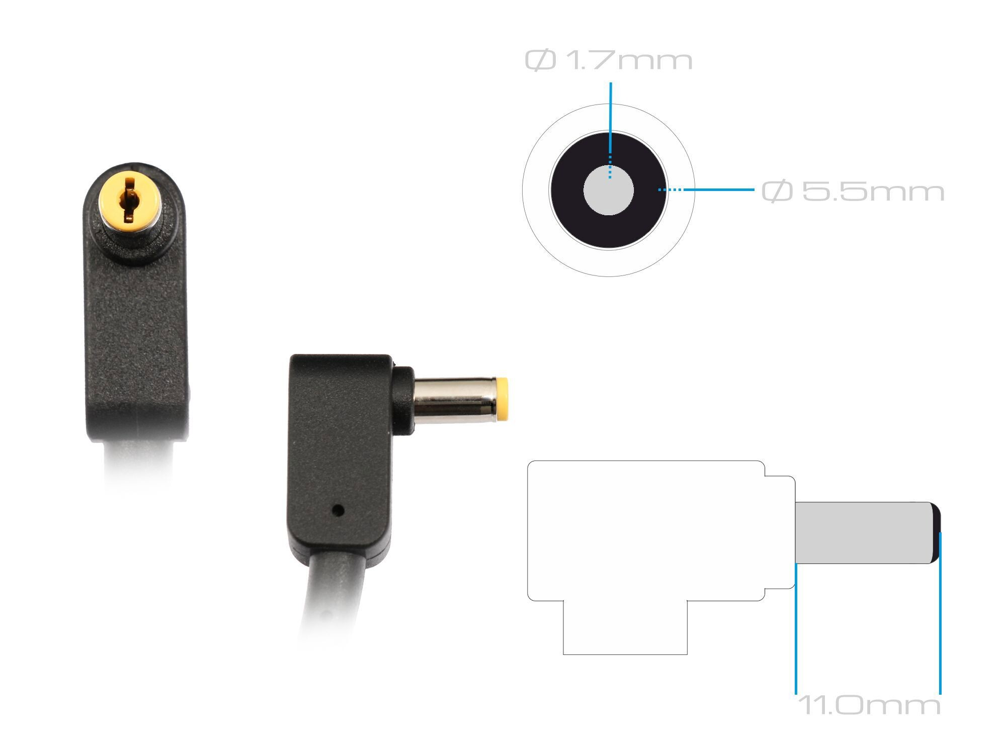 Technisches Diagramm eines gewinkelten DC-Steckers mit Abmessungen 1,7 mm innen, 5,5 mm außen und 11 mm Länge.