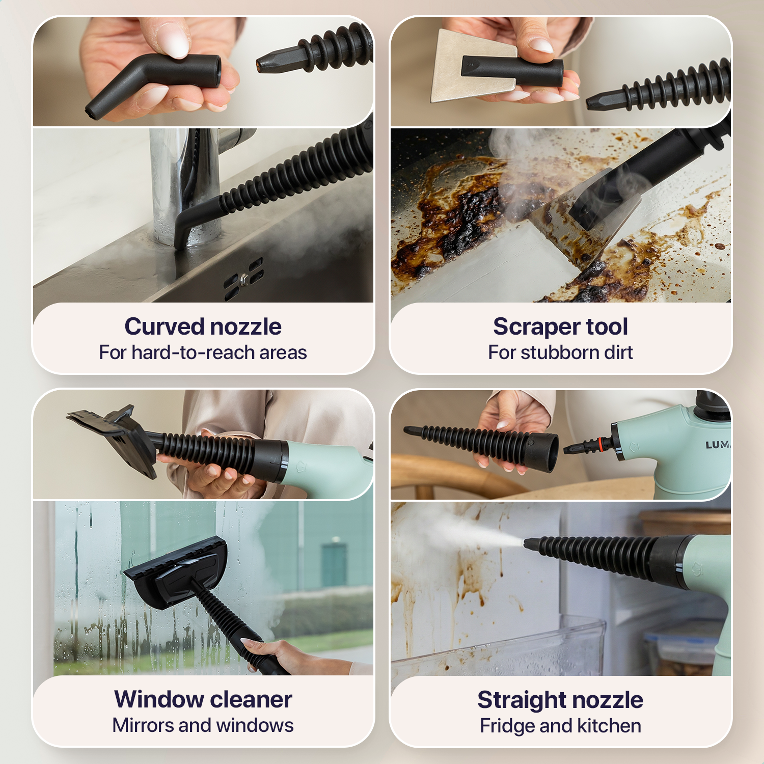 Vier Bilder zeigen Dampfreiniger-Aufsätze und deren Anwendung für Ecken, Schmutz, Fenster und Küchen.