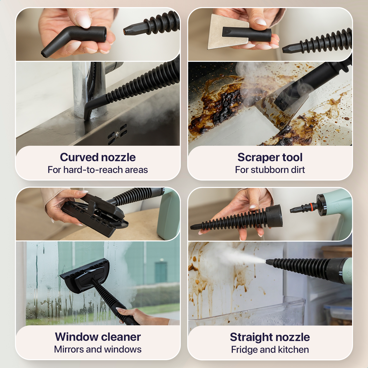 Vier Bilder zeigen Dampfreiniger-Zufsätze: gebogene Düse, Schaber, Fensterputzer und gerade Düse im Einsatz.