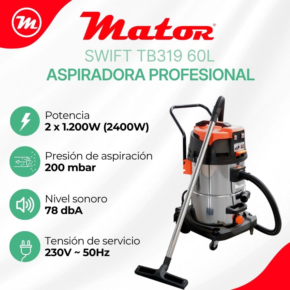 Aspiradora profesional Mator SWIFT TB319 60L con especificaciones técnicas.