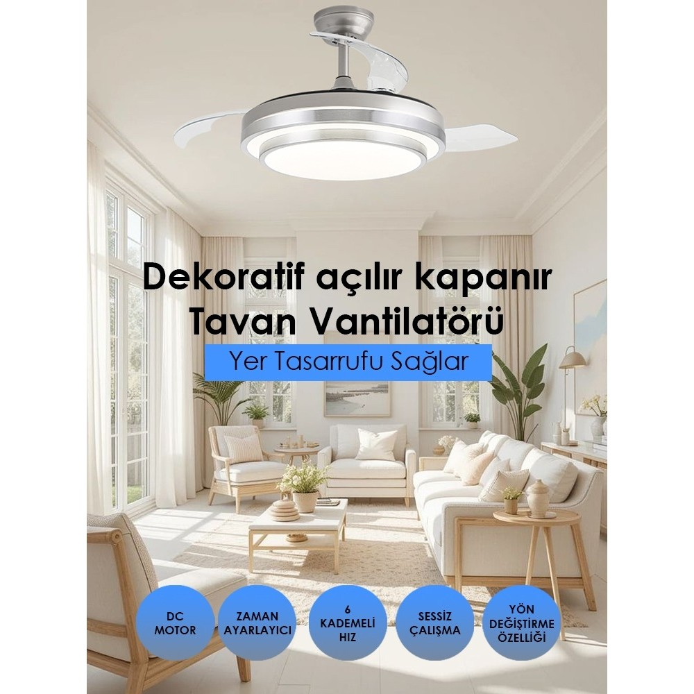 Aydınlık ve şık bir oturma odasında takılı, geri çekilebilir kanatlı modern tavan vantilatörü.
