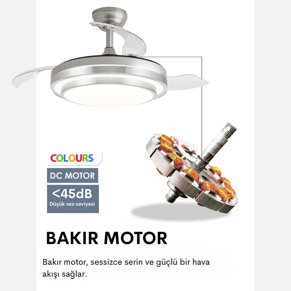 Parlak LED ışıklı tavan vantilatörü ve içindeki bakır motorun detaylı görünümü.
