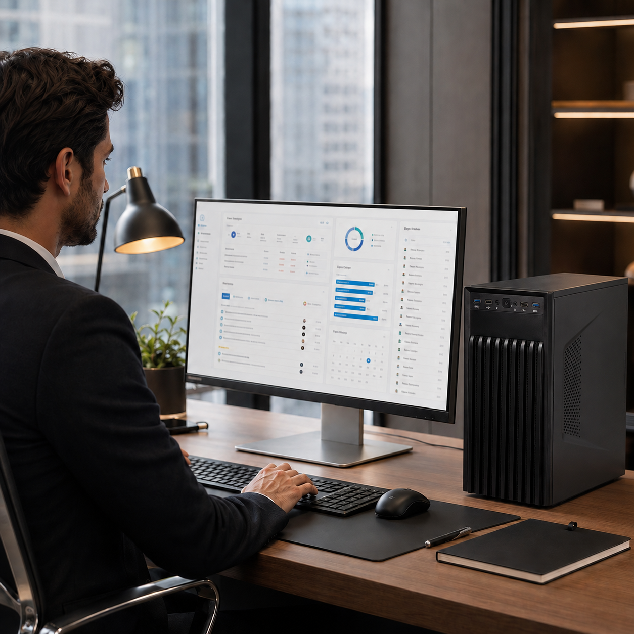 Un uomo in abito lavora su un computer moderno a una scrivania in ufficio.