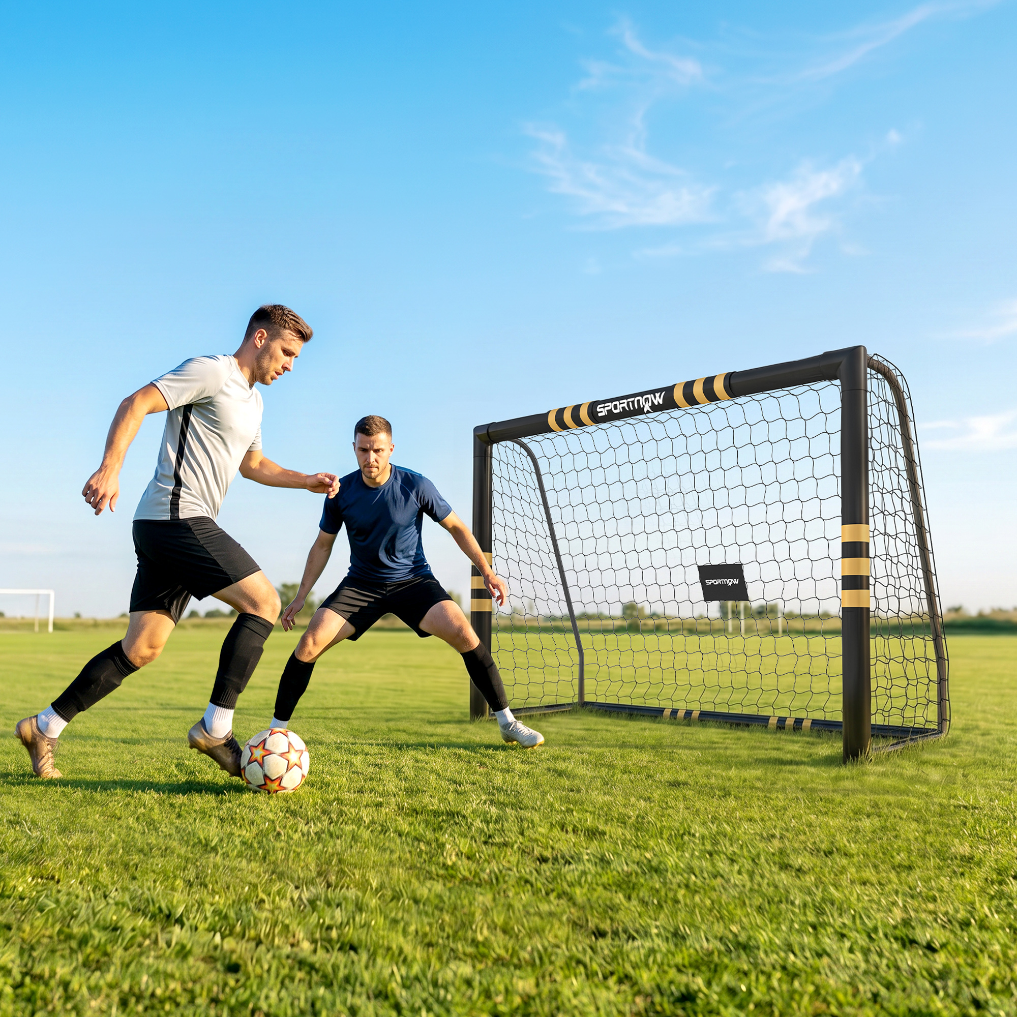 Dos futbolistas juegan frente a una portería negra en un campo de césped bajo un cielo azul.