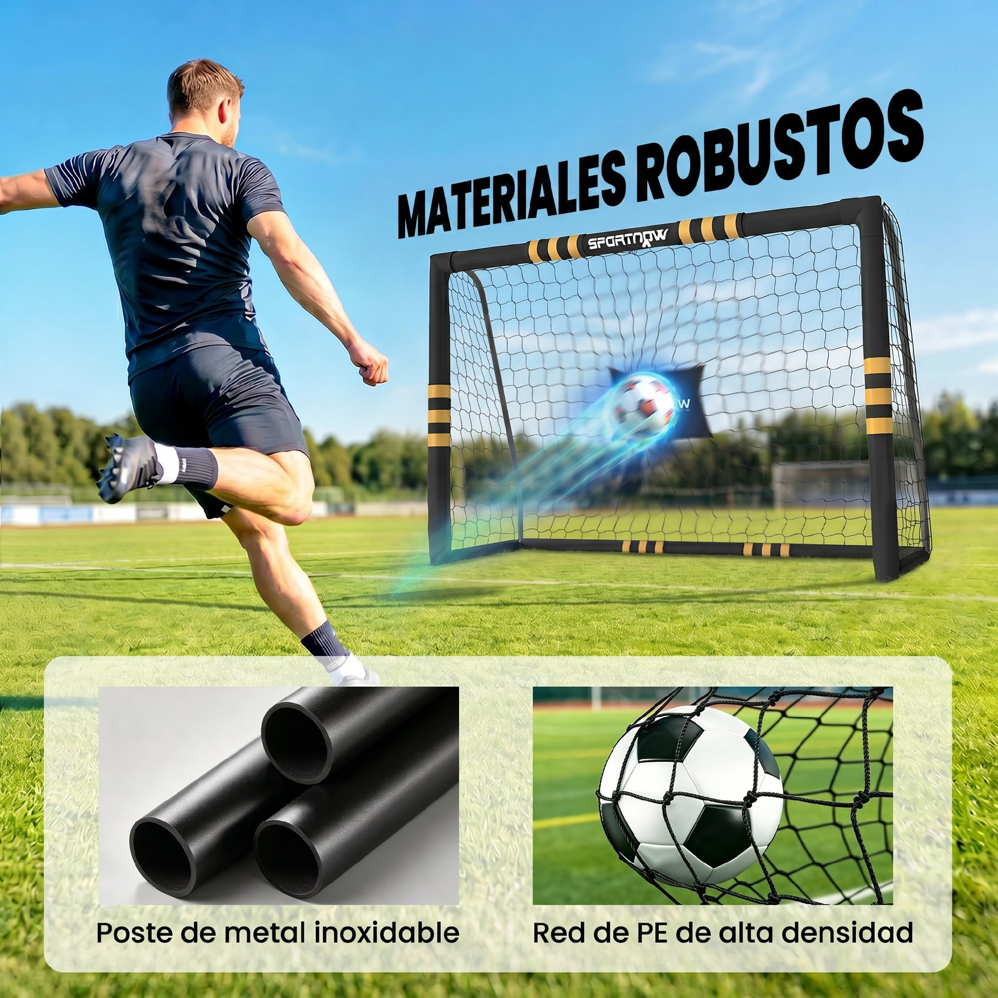 Un jugador patea hacia una portería negra, con primeros planos de tubos y red.