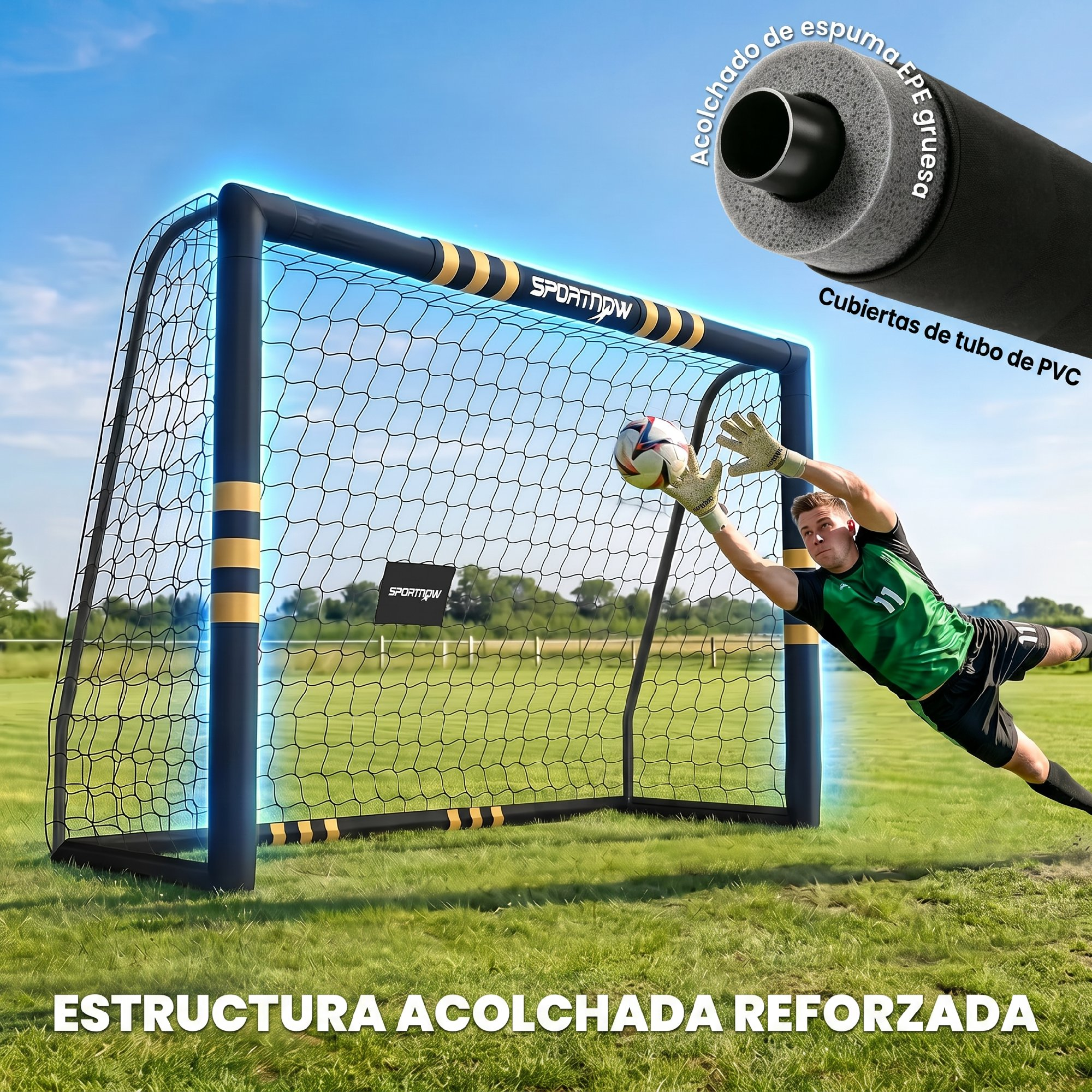 Portero lanzándose a por un balón junto a una portería acolchada en un campo.