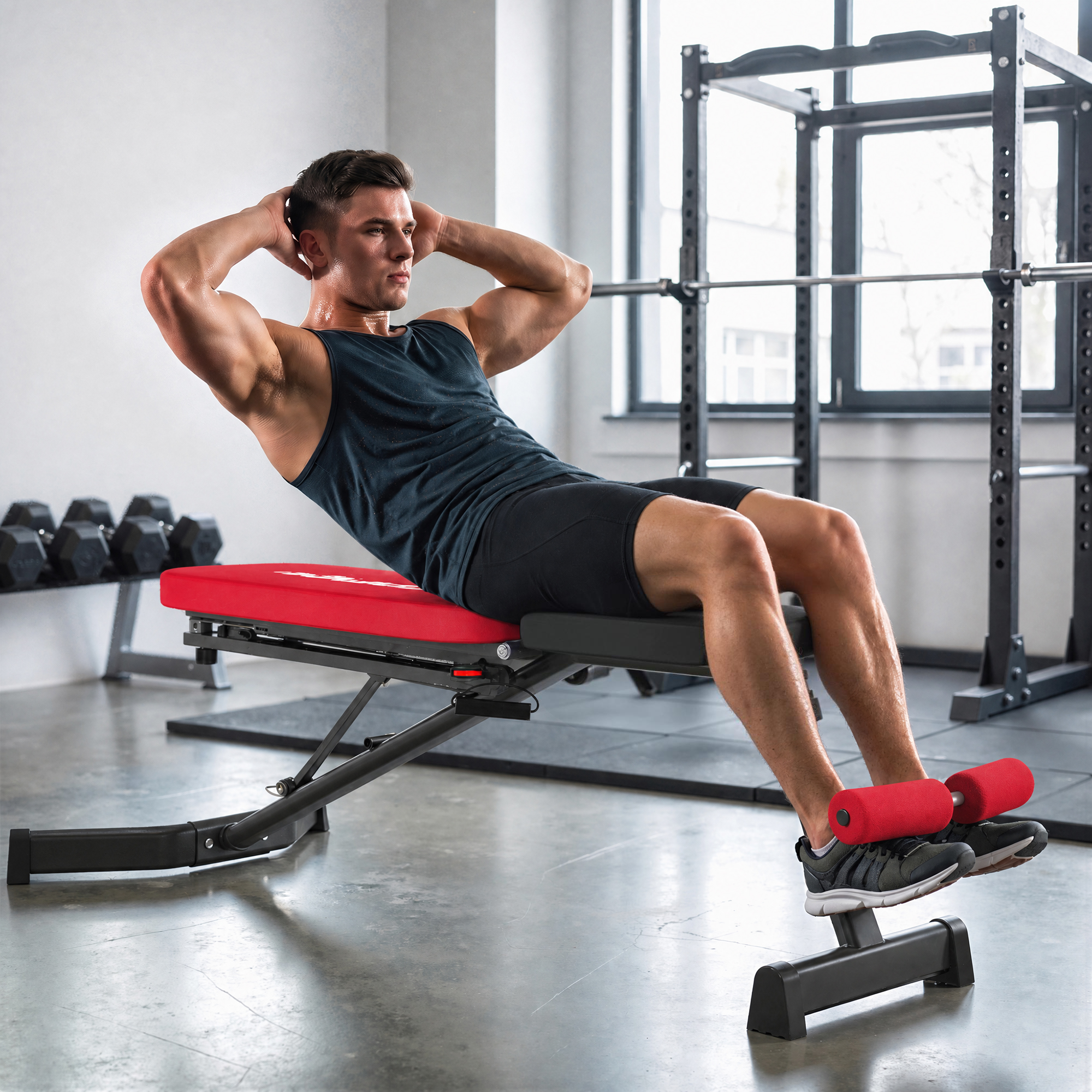 Un hombre haciendo abdominales en un banco de fitness rojo en un gimnasio moderno.
