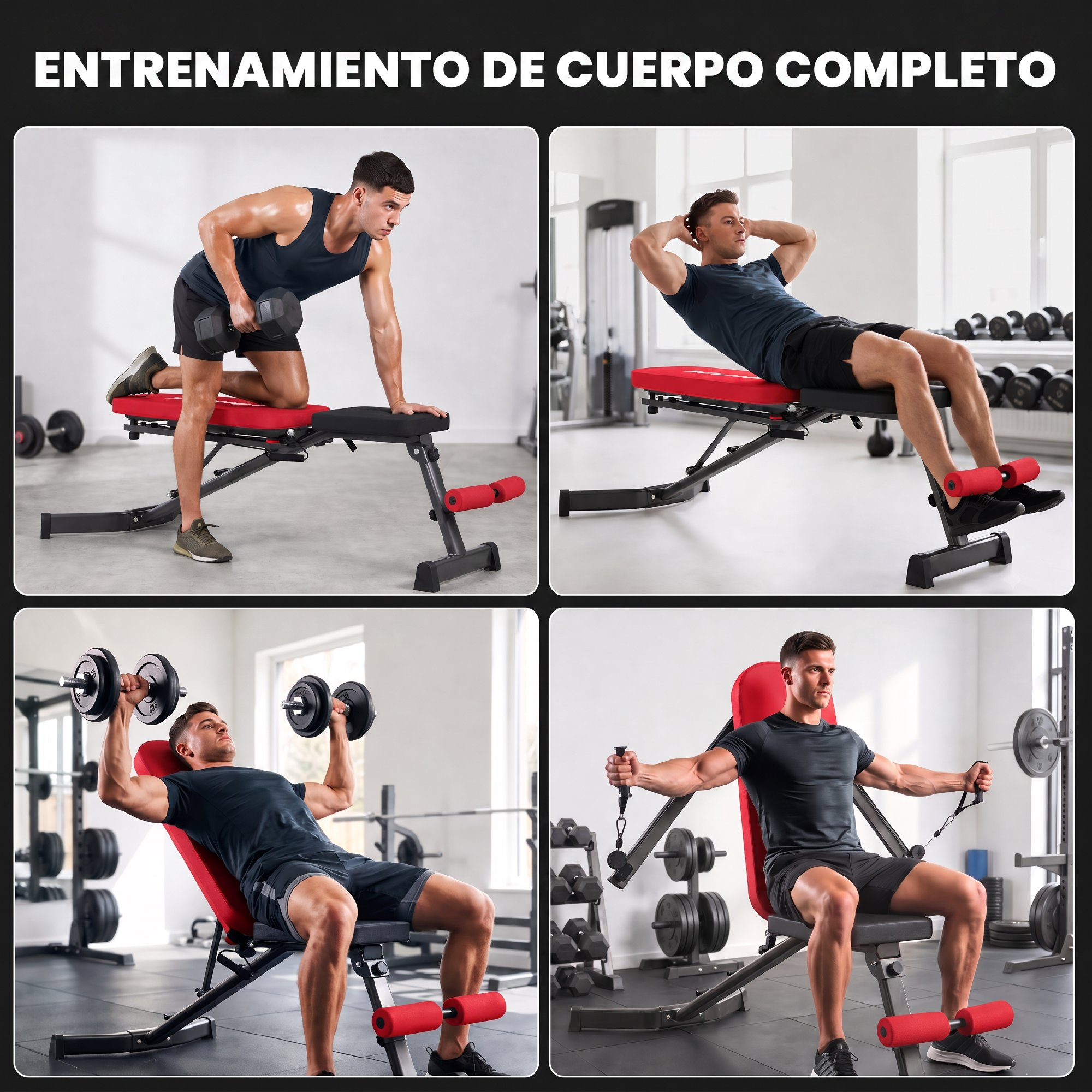 Collage de cuatro paneles de un hombre realizando varios ejercicios usando un banco de gimnasio rojo.