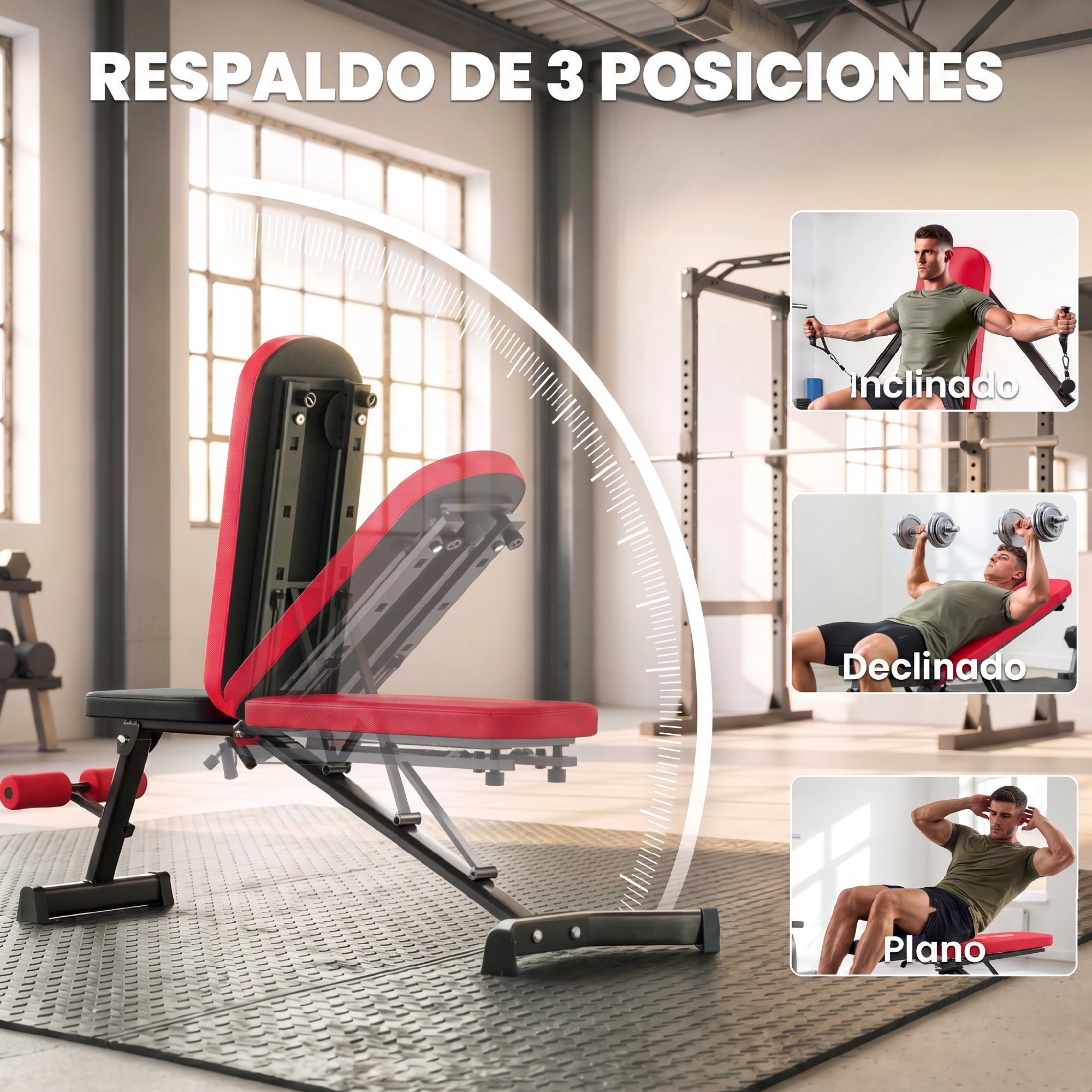 Banco de pesas rojo ajustable en un gimnasio con tres ejemplos de uso.