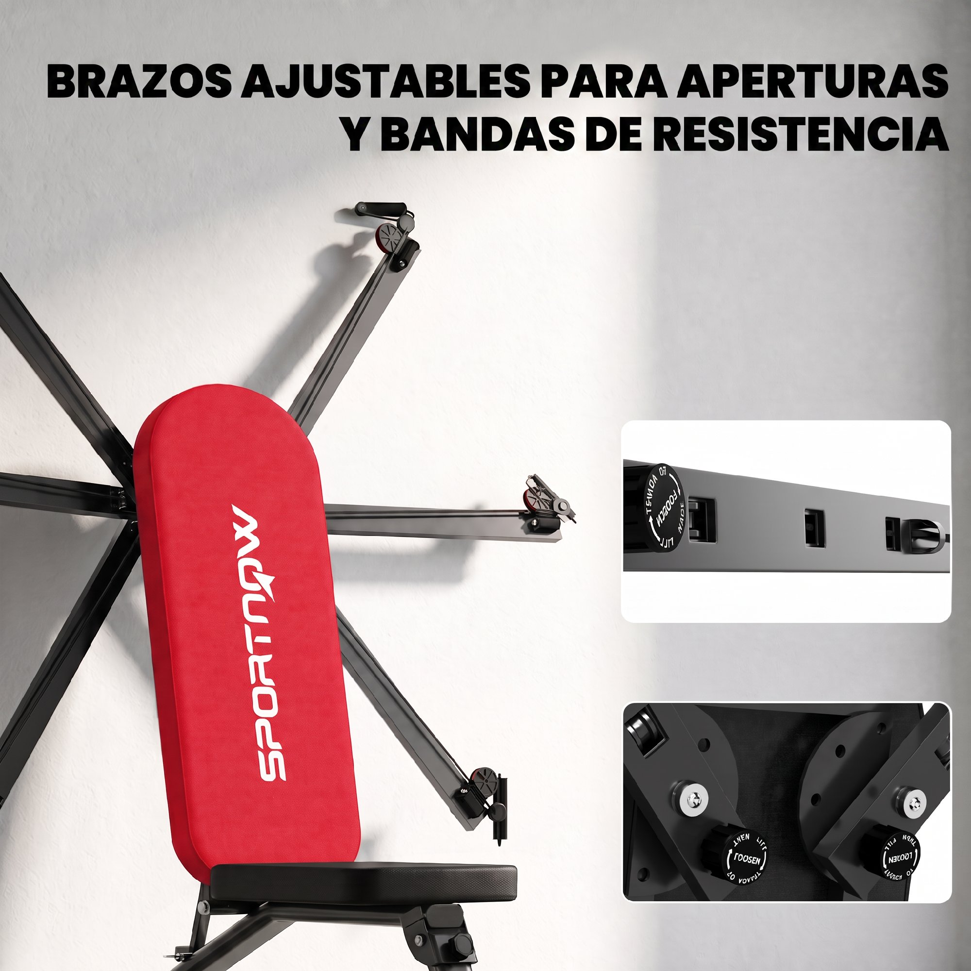 Banco de pesas rojo Sportnow con brazos ajustables e insertos con detalles.