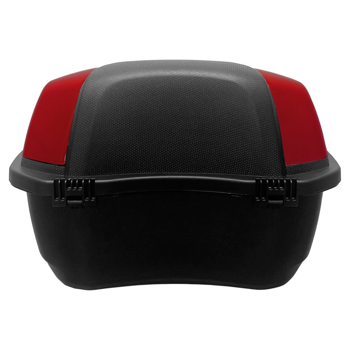 Beyaz arka plan üzerinde kırmızı yan panelli siyah bir motosiklet üst çantası.