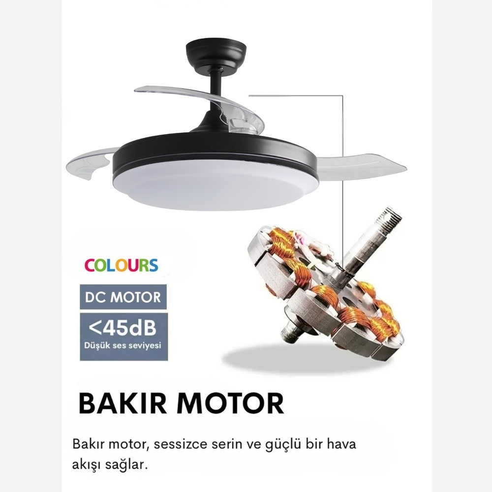Işıklı ve görünür DC motorlu siyah bir tavan vantilatörü.
