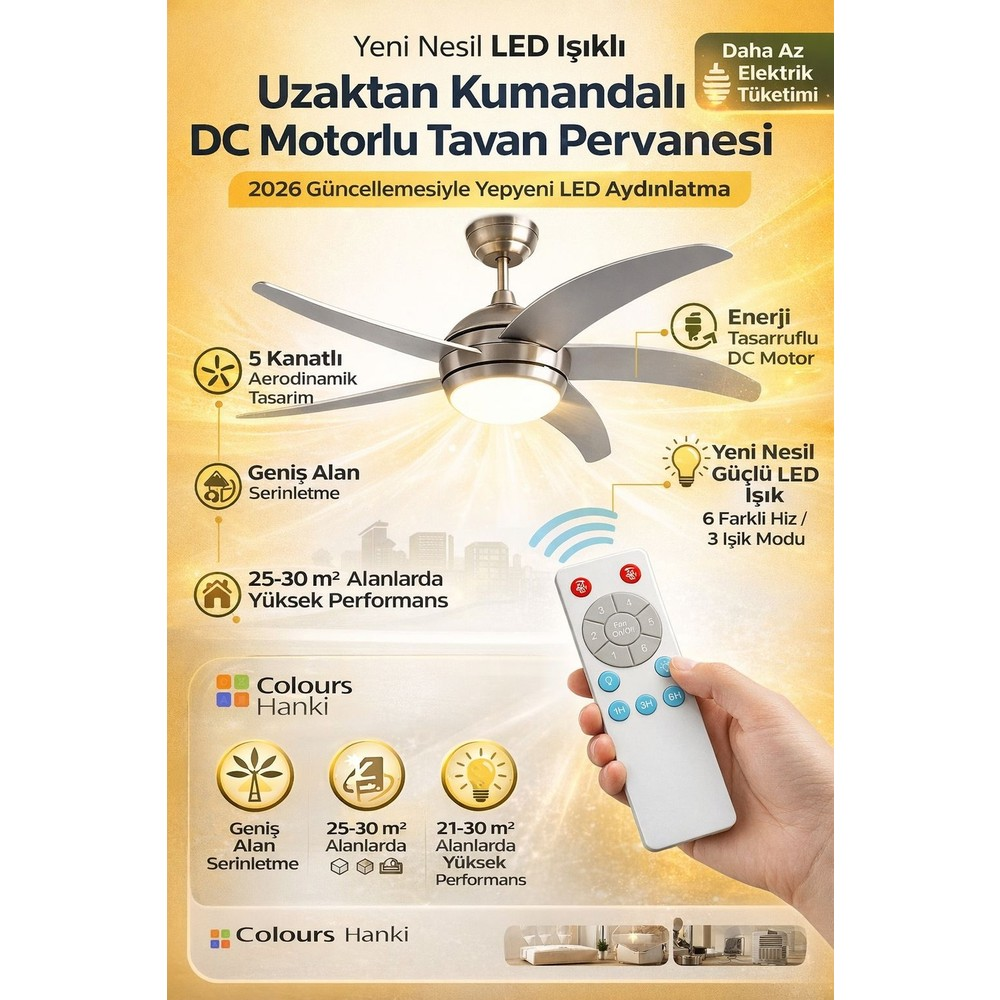 Altın arka plan üzerinde LED aydınlatmalı ve uzaktan kumandalı modern tavan vantilatörü.