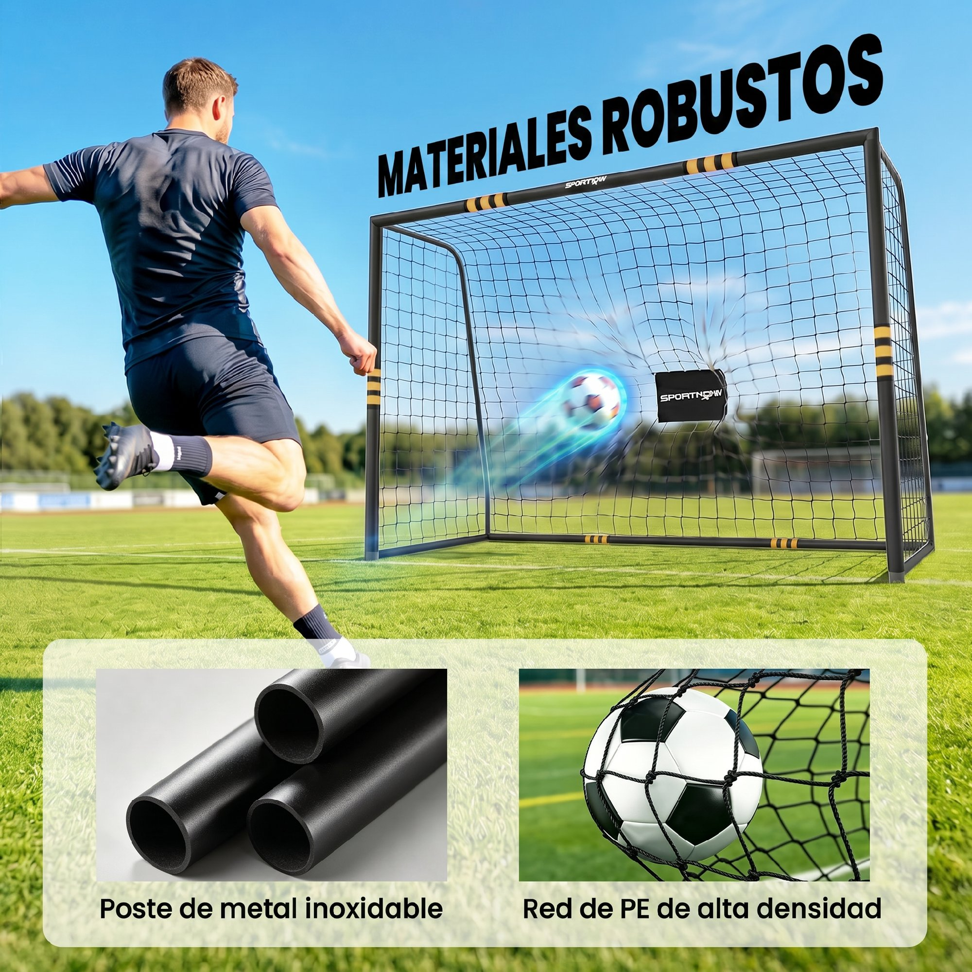 Un jugador patea un balón hacia una portería de fútbol en un campo.