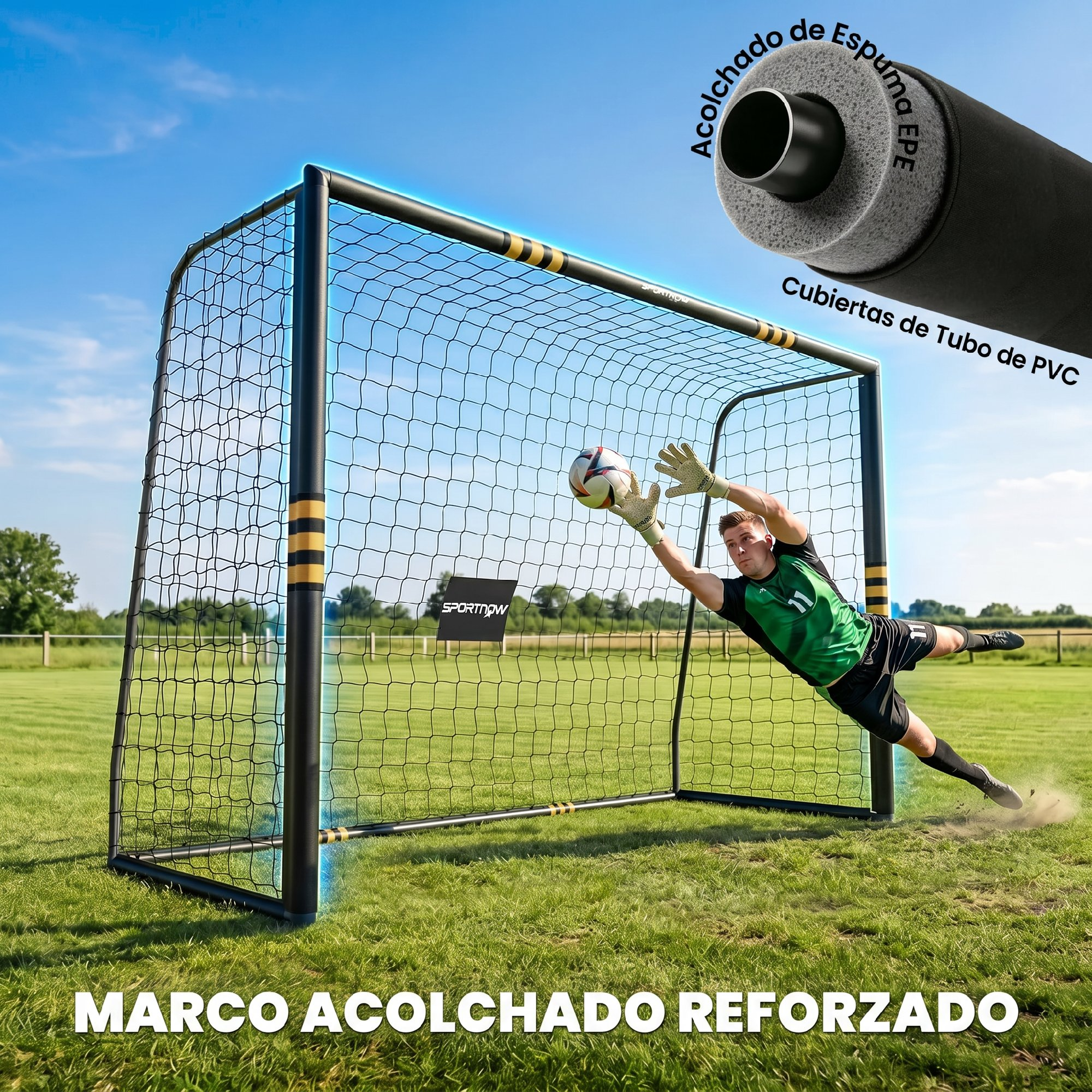 Un portero se estira para detener un balón junto a una portería acolchada en un campo.