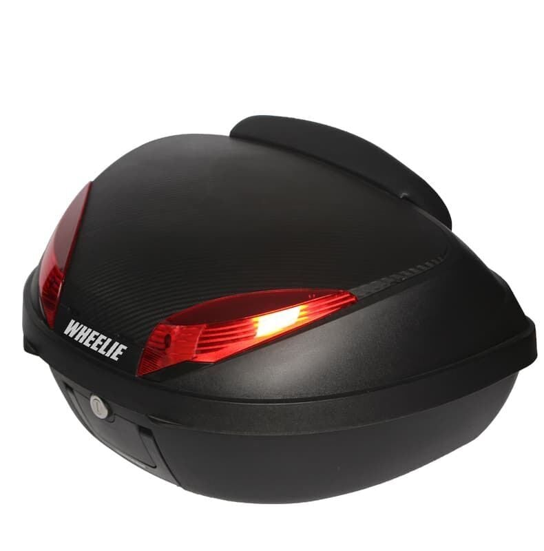 Beyaz arka planda kırmızı ışıklar ve WHEELIE yazısı bulunan siyah motosiklet arka çantası.