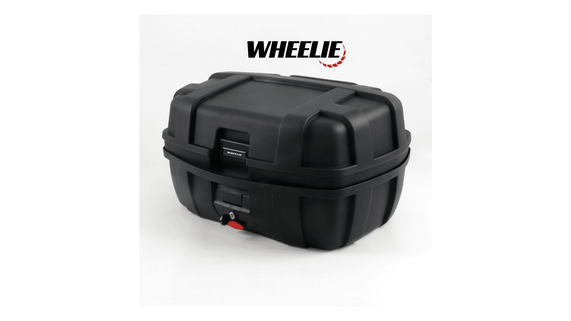Beyaz arka planda kilitli, siyah Wheelie saklama kutusu.