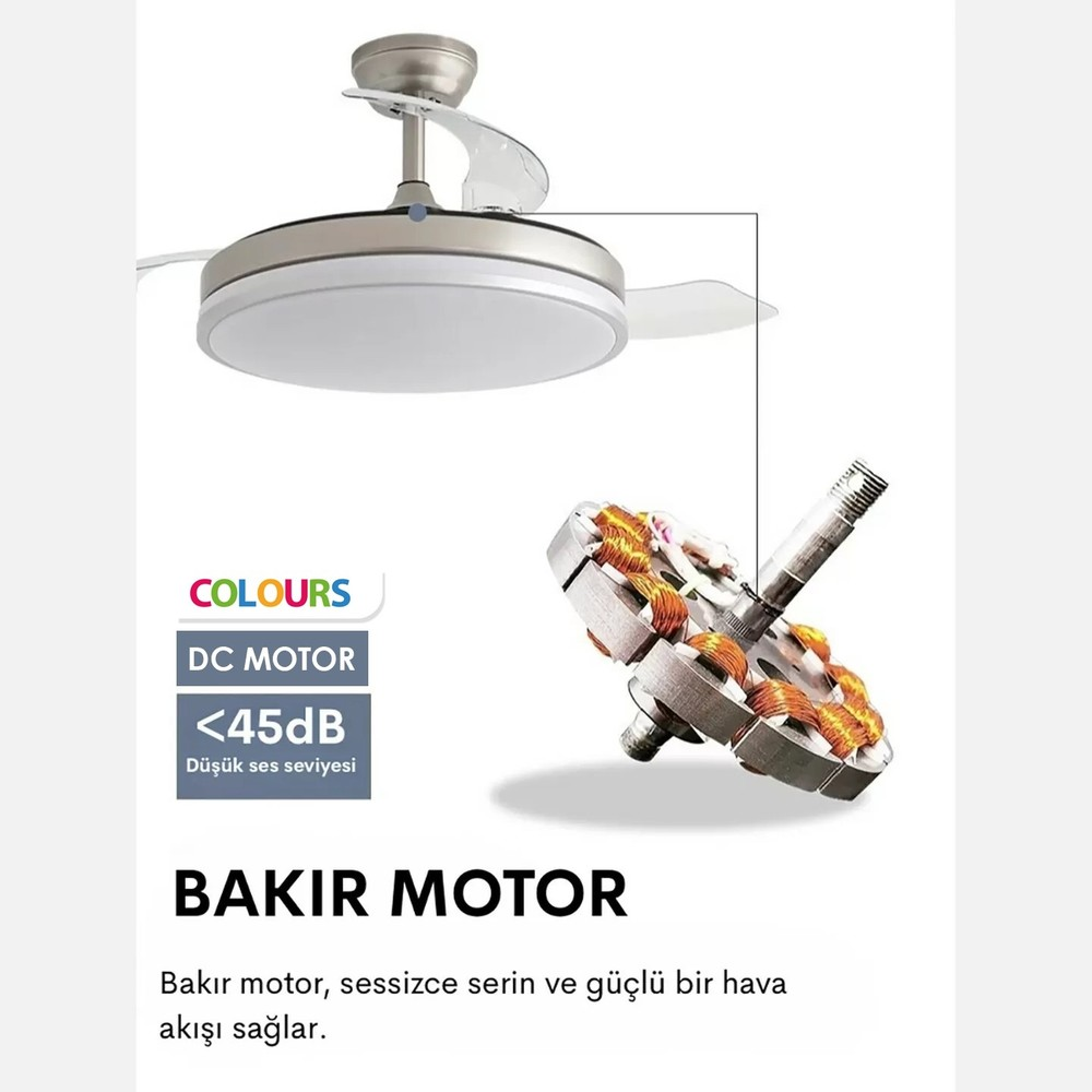 Görünür bakır motorlu tavan vantilatörü ve sessiz çalışmasını vurgulayan metin.