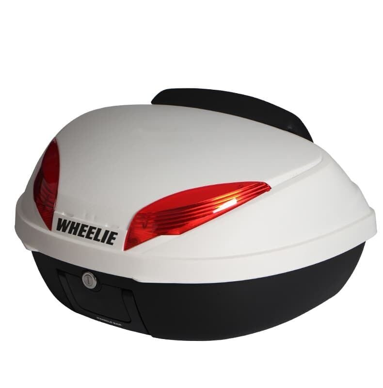 Önünde kırmızı reflektörler ve Wheelie marka adı bulunan beyaz ve siyah motosiklet arka çantası.