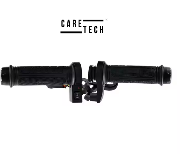 Beyaz arka planda entegre anahtara ve CARETECH logosuna sahip siyah gidon sapları.