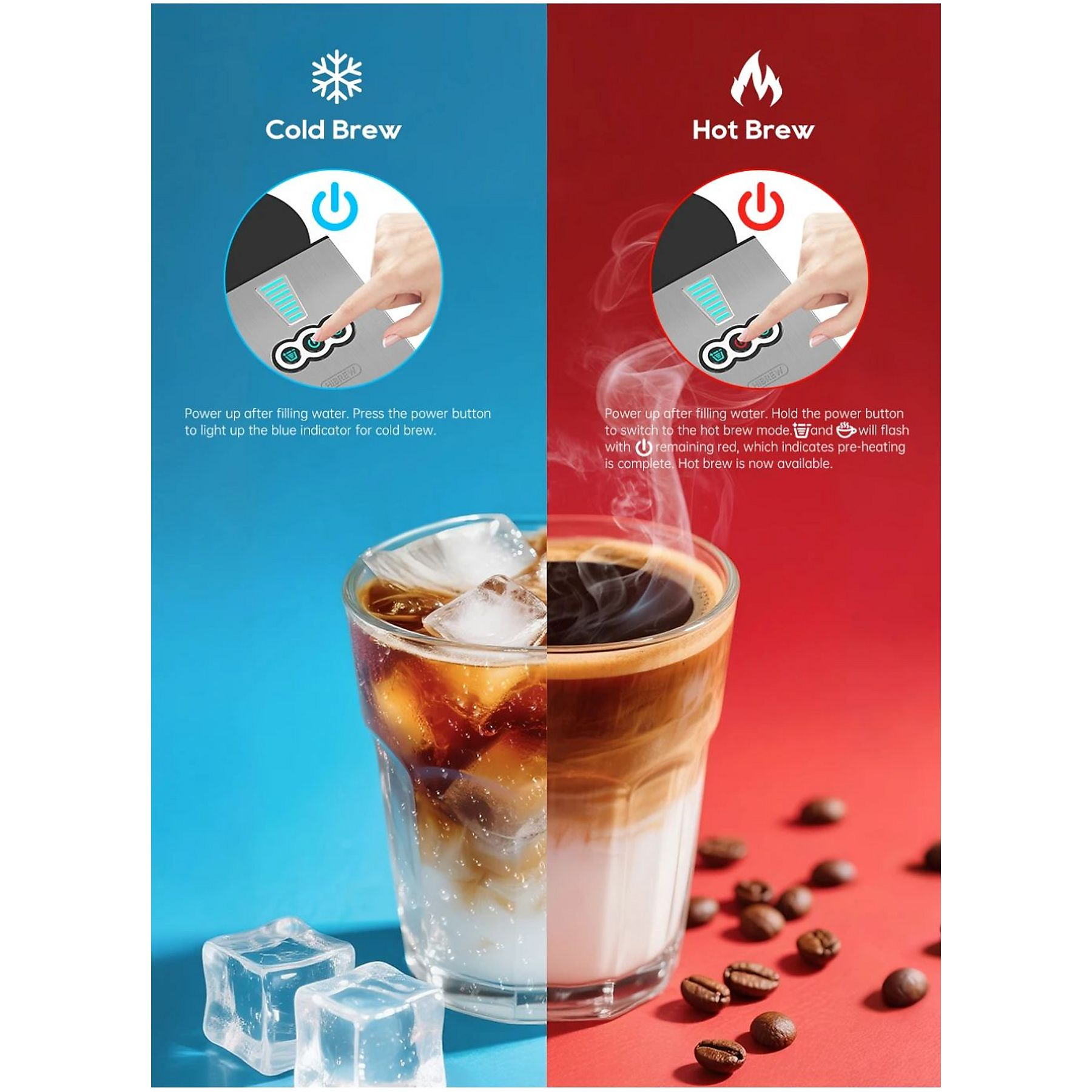 Vergleich von Cold Brew auf blauem und Hot Brew auf rotem Hintergrund mit Kaffeetönen und Eiswürfeln.