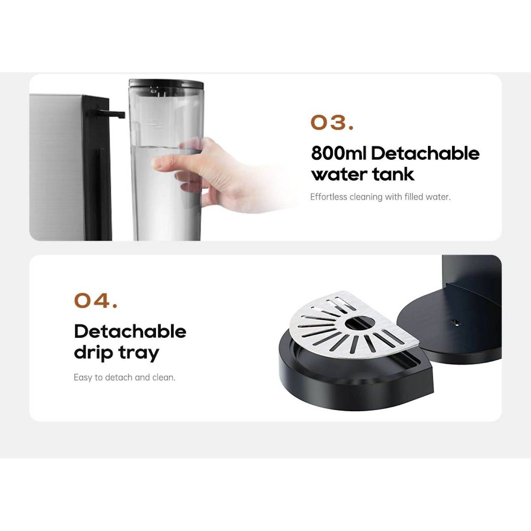 Produktmerkmale zeigen einen 800ml Wassertank und eine Tropfschale.