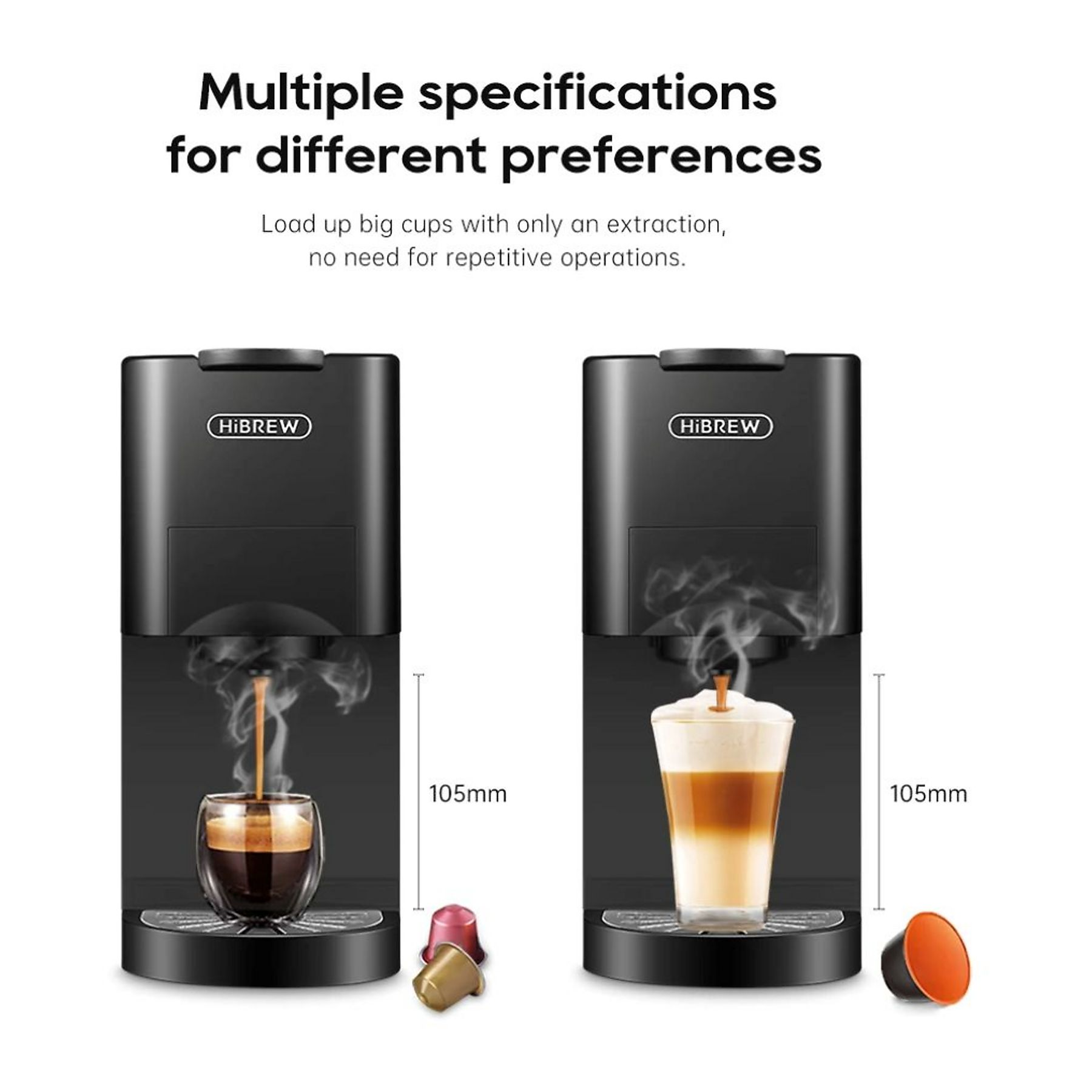 Zwei schwarze HiBrew Kaffeemaschinen mit Kaffeetassen und Kapseln, 105mm Abstand.