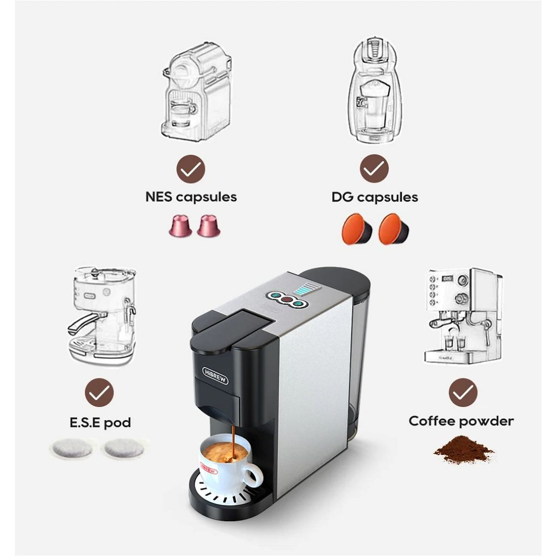 Eine silber-schwarze Kaffeemaschine mit vier Kompatibilitätsoptionen für Kapseln, Pads und Pulver.
