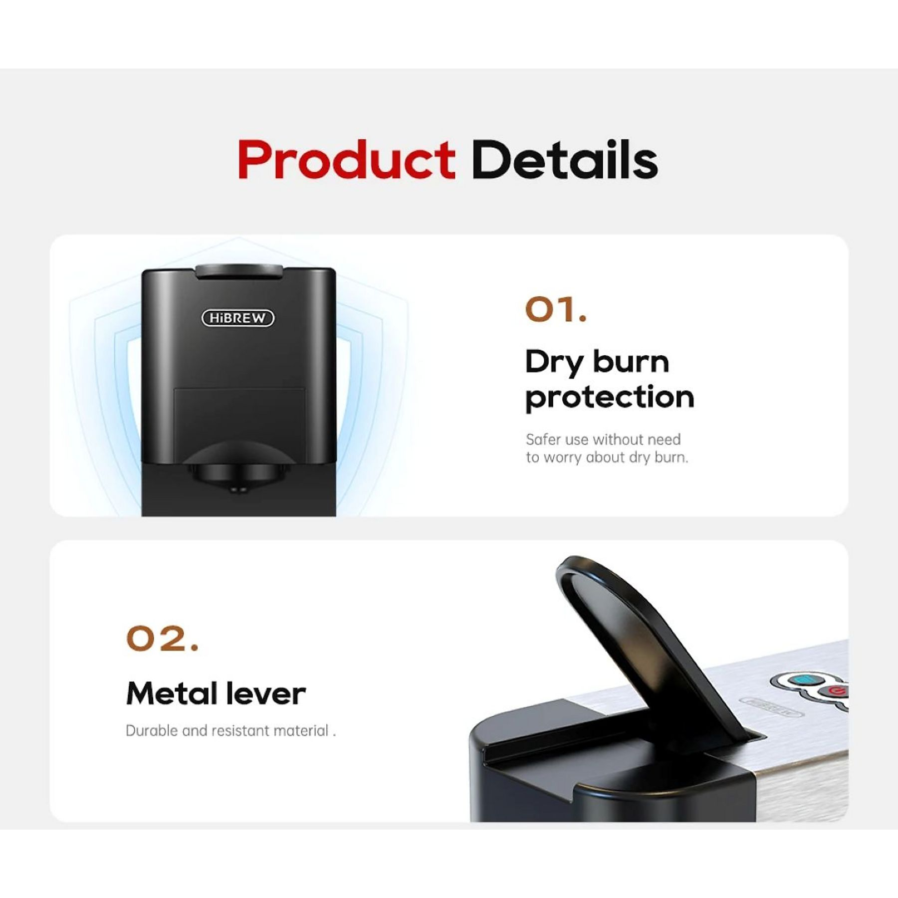 Produktdetails für Kaffeemaschine: Trockengehschutz und stabiler Metallhebel.