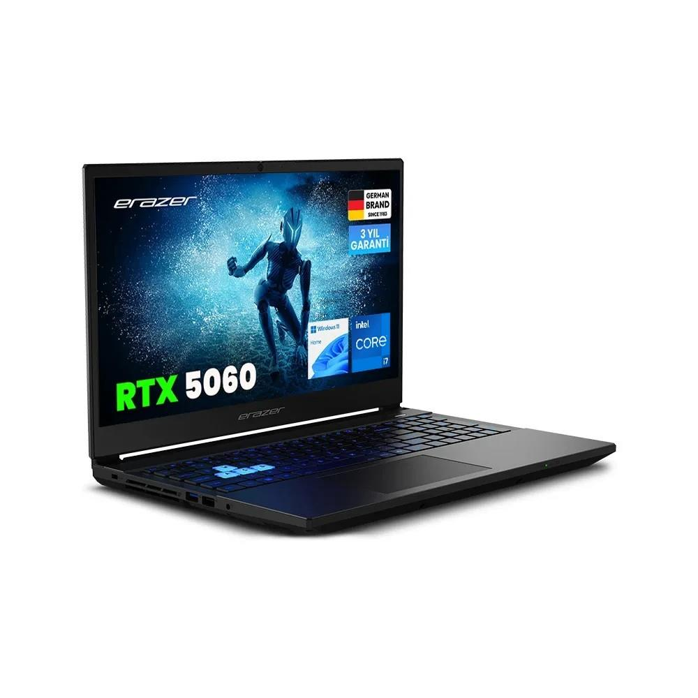 Beyaz arka planda RTX 5060, Intel Core i7 ve mavi klavye arka ışığına sahip bir Erazer dizüstü bilgisayar.