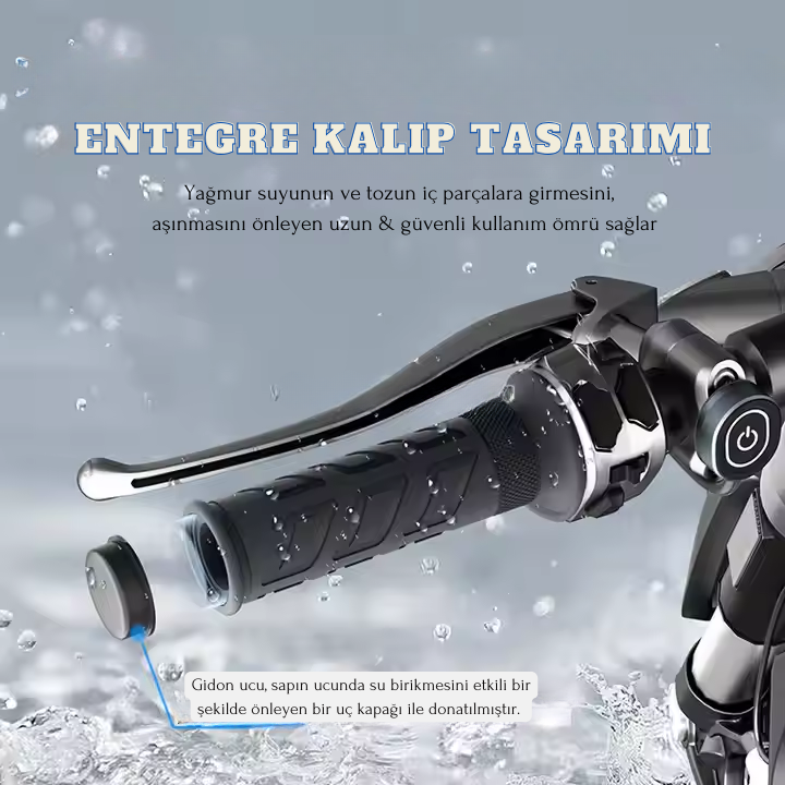 Su sıçratan ortamda su geçirmez tasarımlı, kavramalı ve fren kollu elektrikli scooter gidonu.