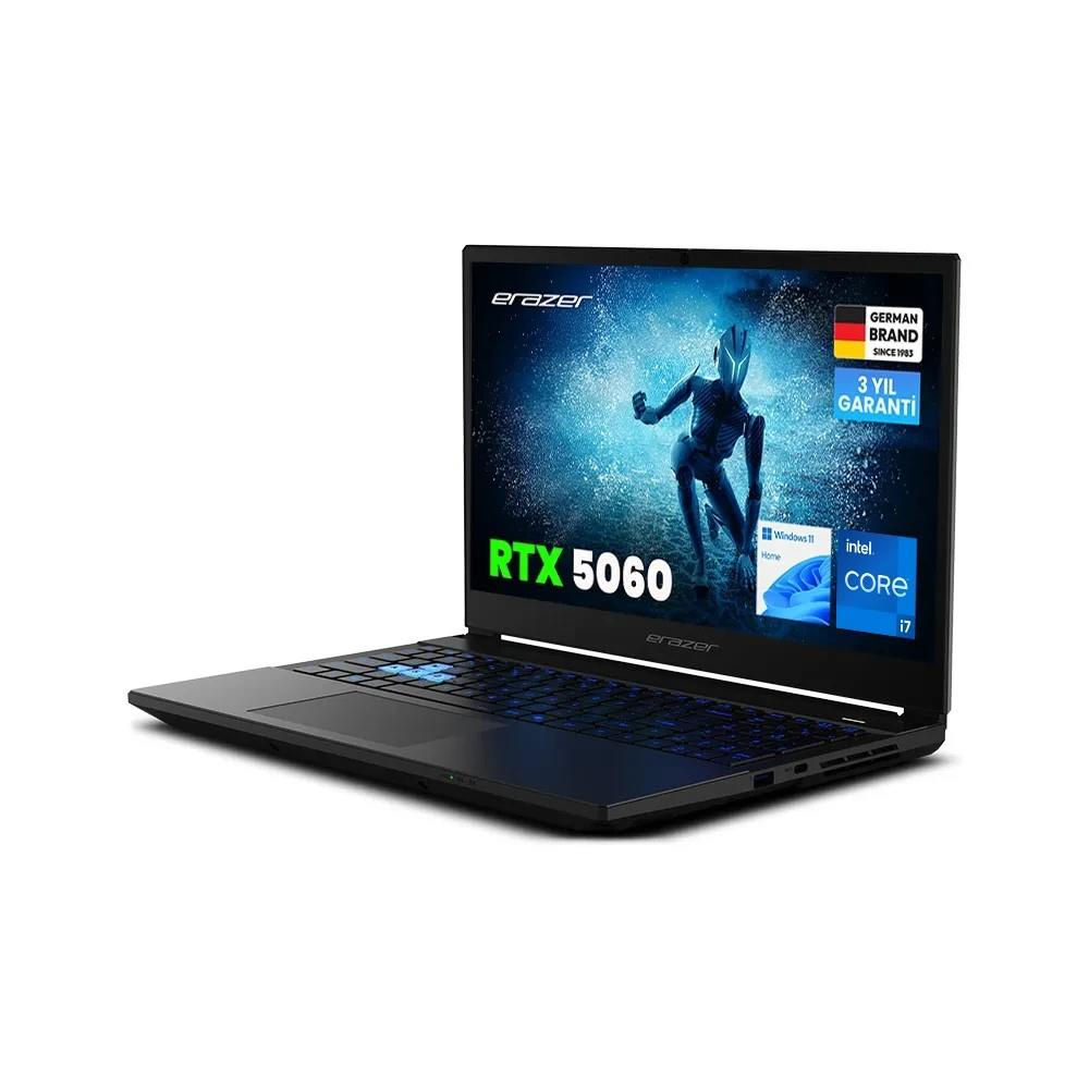 Beyaz arka planda ekranda RTX 5060, Intel Core i7 ve Windows 11 gösteren siyah Erazer oyuncu dizüstü bilgisayarı.