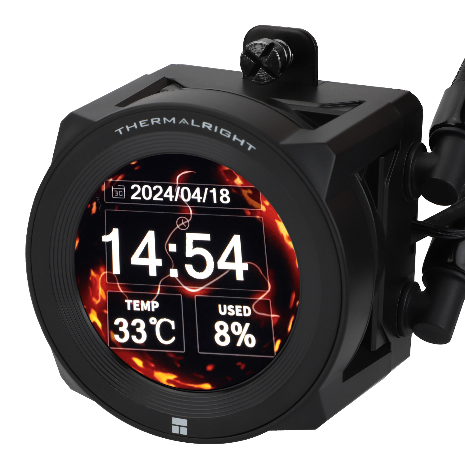 Un disipador de CPU Thermalright negro con pantalla redonda que muestra hora, fecha y temperatura sobre un fondo de fuego.