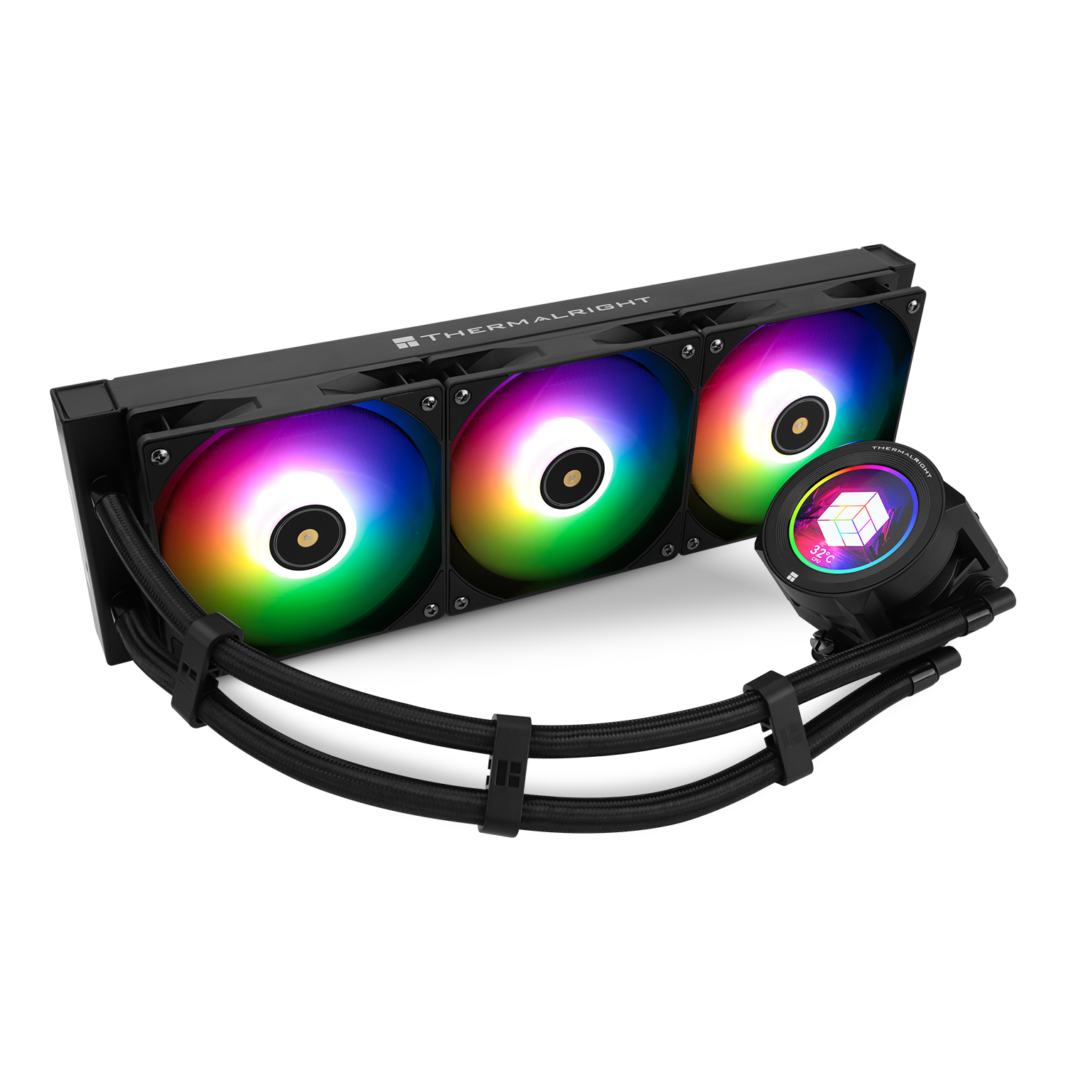 Un refrigerador líquido negro para CPU con tres ventiladores RGB iluminados y un cabezal de bomba redondo con pantalla.